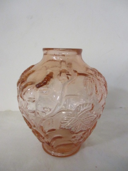 Vintage Tiffin Pink Glass Vase with Grape Leaf and Steer Head Relief