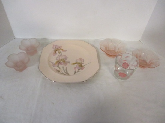 Hazel Atlas Juice Glass, Pair of Flower Shape Frosted Pink Glass Candle Holders,