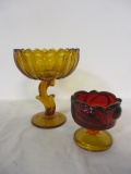 Amberina Footed Candle Holder and Amber Glass Plume Pedestal Compote