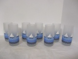 Eight Frosted Iced Tea Glasses with Sailboat Designs