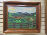 Framed Vintage Original Horse Pasture Landscape Painting on Board