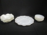White Glass Egg/Relish Plate, Swirl Design Bowls and Diamond Point Bonbon Dishes
