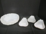 Three Pear Shaped Milk Glass Tidbit Dishes and Footed Centerpiece/Fruit Bowl