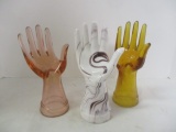 Three Art Glass Hand Ring Display Holders-End of Day Slag Glass, Amber and Pink Glass