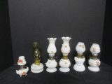 Grouping of 6 Porcelain and Milk Glass Mini Oil Lamps