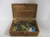 Carved Wood Box with Collection of Vintage Keys and Locks