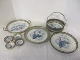3 German Porcelain Round Trays, Basket, and 4 Coasters with Silver Metal Edges