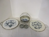 2 German Porcelain Round Trays with Handles, Basket, and 2 Coasters