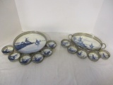 German Porcelain Blue and White Round Tray, Oval Tray, and 11 Coasters