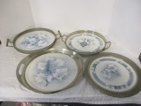 4 German Porcelain Round Trays with Silver Metal Edges