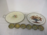 2 German Porcelain Round Trays and Coasters with Silver Metal Edges