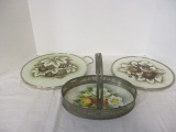 2 German Porcelain Round Trays and 1 Oval Basket with Silver Metal Edges