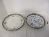 2 German Blue and White Porcelain Trays with Pierced Silver Metal Edges