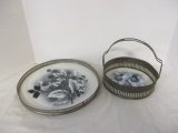 German Porcelain Tray and Basket with Pierced Silver Metal Edges