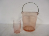 Pink Depression Glass Ice Bucket with Silverplated Handle and Tumbler