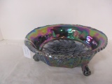 Footed Iridescent Carnival Glass Bow with Berries and Butterfly Design