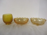 Pair of Floragold Footed Bonbon Dishes and Amber Glass Vase