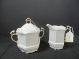 Vintage German White Porcelain Creamer and Sugar Bowl with Gold Accents