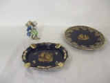 Limoges Gold and Cobalt Blue Ashtray, Plate and Victorian Porcelain Figurine