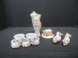 Porcelain Napkin Rings, Candle Holder and Vase with Applied Flowers