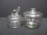 Clear Glass Vanity Box with Elephant Finial and Jeannette Glass Co. Covered Dish