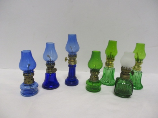 4 Mini Green & 3 Mini Blue Oil Lamps