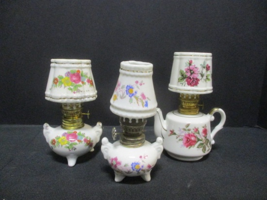 3 White w/Painted Flowers Oil Lamps