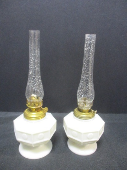 Pr of Milkglass Oil Lamps