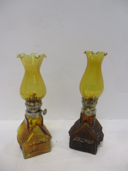 2 Amber  Log Cabin Oil Lamps