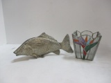 Stain Glass Votive Holder & Silverplate Vintage Fish Napkin Holder