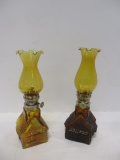 2 Amber  Log Cabin Oil Lamps