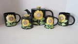 Sunflower Relief Design Ceramic Teapot, Creamer, Sugar Bowl and Two Mugs