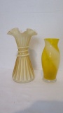 Yellow Cased Ruffle Vase and Yellow and White Swirl Art Glass Vase