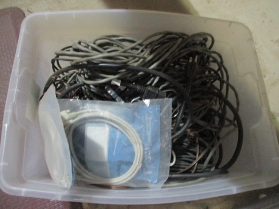 Tote of Misc. Cables, Power Cords and Clip-On Lights