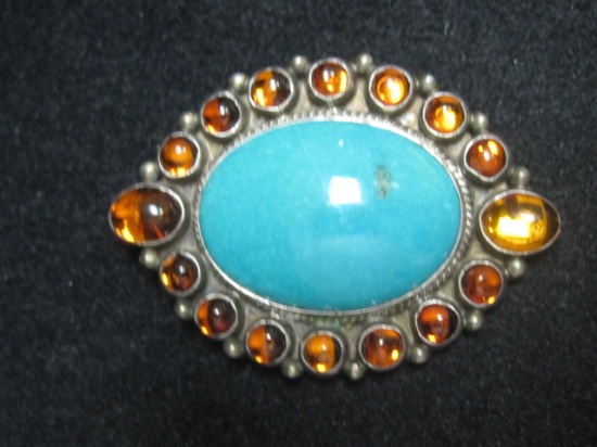Sterling Silver Turquoise and Amber Pendant/ Brooch