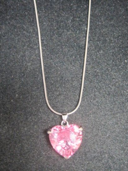 Large Sterling Silver Pink Stone Heart Pendant on 16" Sterling Silver Chain