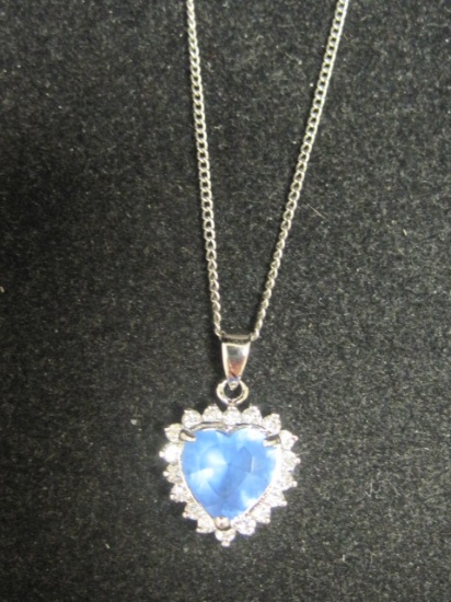Sterling Silver Blue Heart and CZ Stone Pendant on 18" Sterling Silver Chain