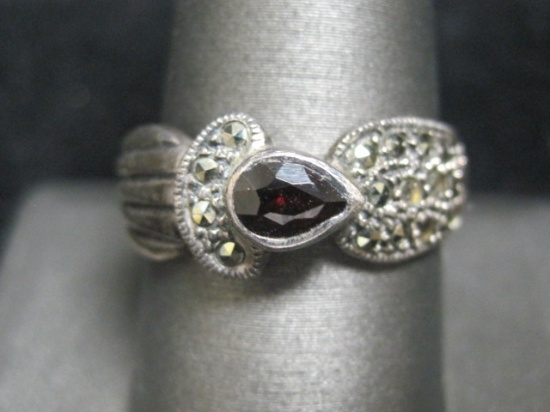 Sterling Silver Garnet and Marcasite Ring