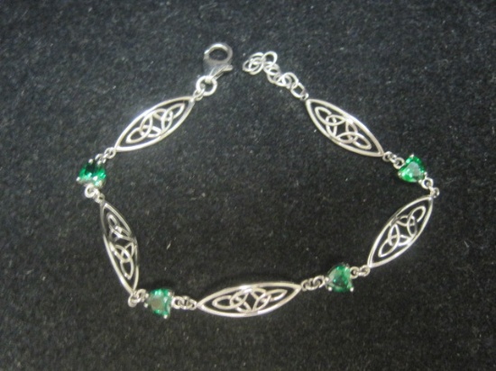 Sterling Silver 7 1/2" Bracelet with Green Heart Shaped Stones