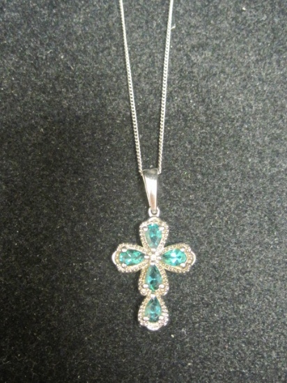 Sterling Silver Cross Pendant with Green Stones on 20" Sterling Silver Chain