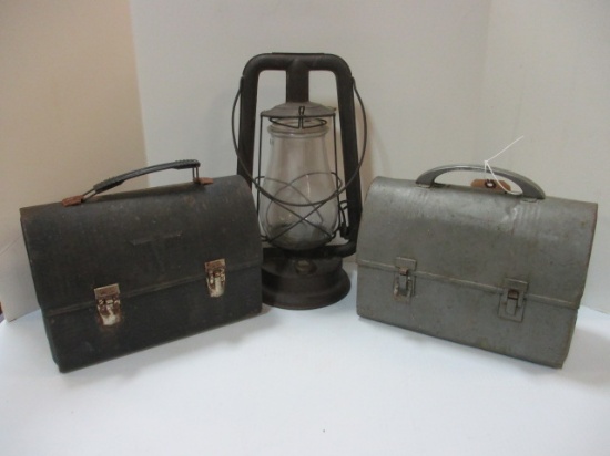 2 Metal Lunch Boxes and 1 Lantern