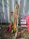 Yard Tools-(2)Post Hole Diggers, (2)Pick Axes (1)Fiberglass Handle Axe, (2)Rakes