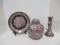 Collection of Sage and Pink Chinese Ginger Jar, Candlestick, and Plate
