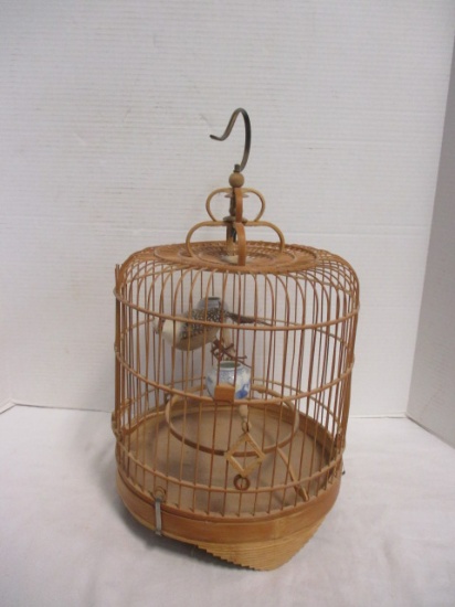 Bamboo Bird Cage with Porcelain Bowls and Artificial Bird
