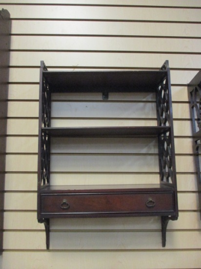 Vintage Wood 3-Tier Wall Plate Rack/Curio Shelf with Drawer