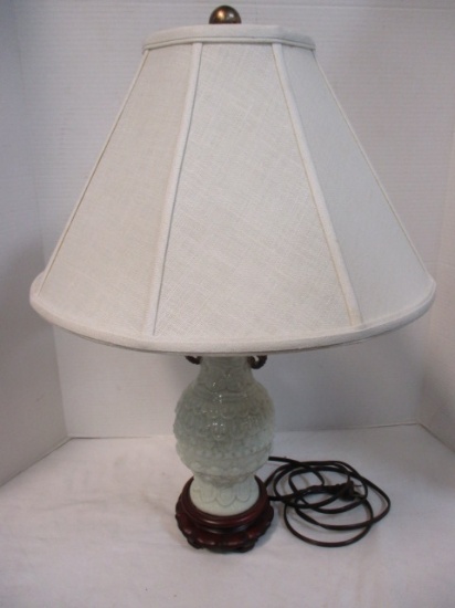 Porcelain and Wood Table Lamp with Elephant Handles and Lined Linen Shade
