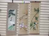 3 Vintage Oriental Painted Bamboo Wall Hangings