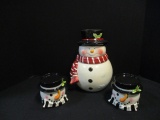 Snowman Ceramic Cookie Jar and 2 Candle Holders