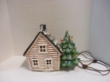 Studio Art Pottery Ceramic Christmas Tree and Log Cabin with Light
