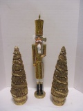 Tall Gold Sequin Nutcracker and 2 Gold Leaf Christmas Trees